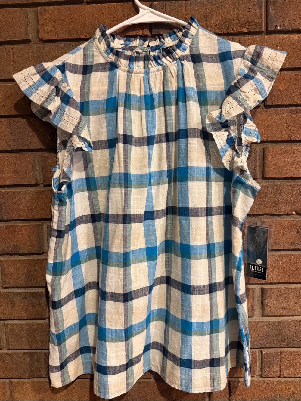 a.n.a Blue and White Plaid Ruffle Sleeve Blouse JC Penney large NWT